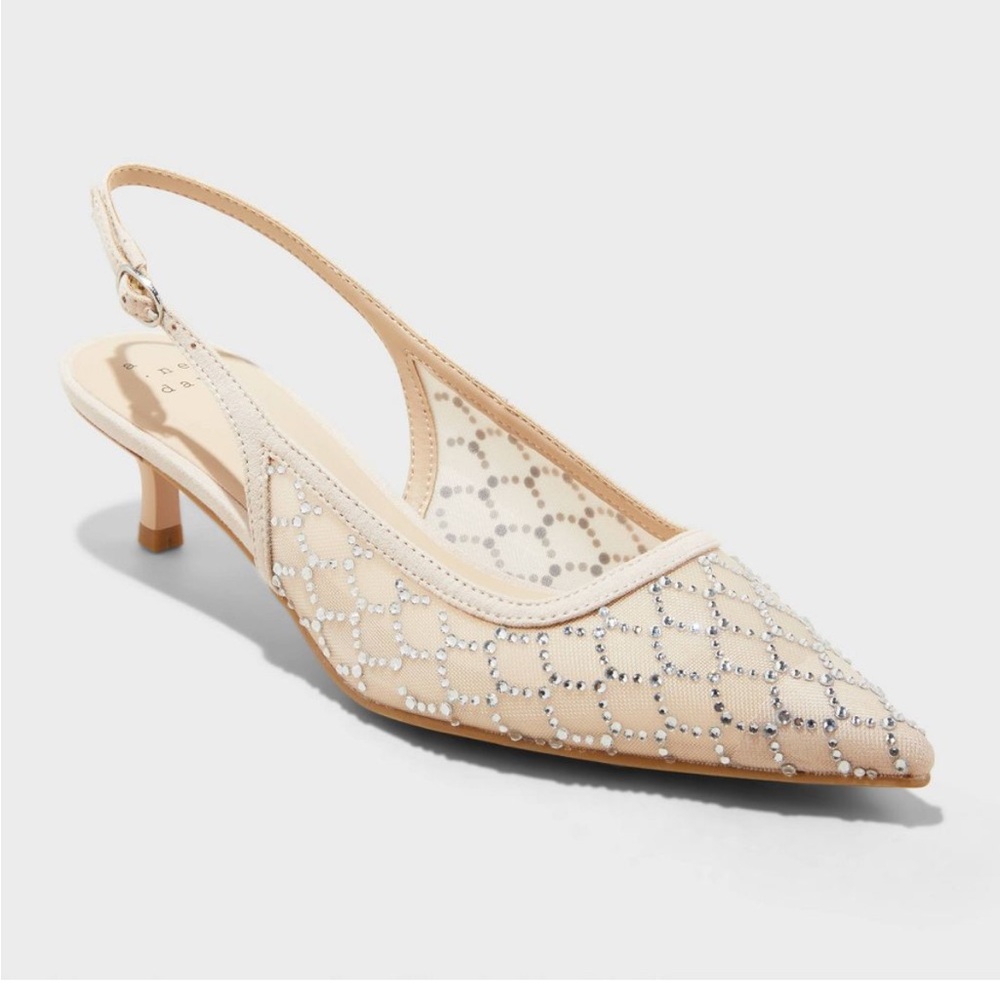 A New Day Elegant Beige Mesh Slingback kitten heels silver size 11